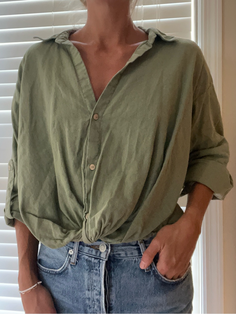 Zara Olive Green Linen Blend Knotted Shirt Size Small